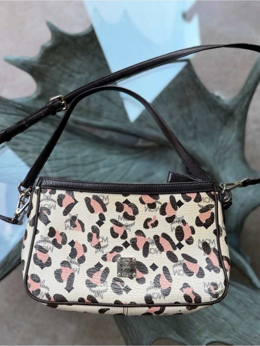 MCM EUC w/ COA Cream Leopard Print Crossbody with Pink and Black Accents